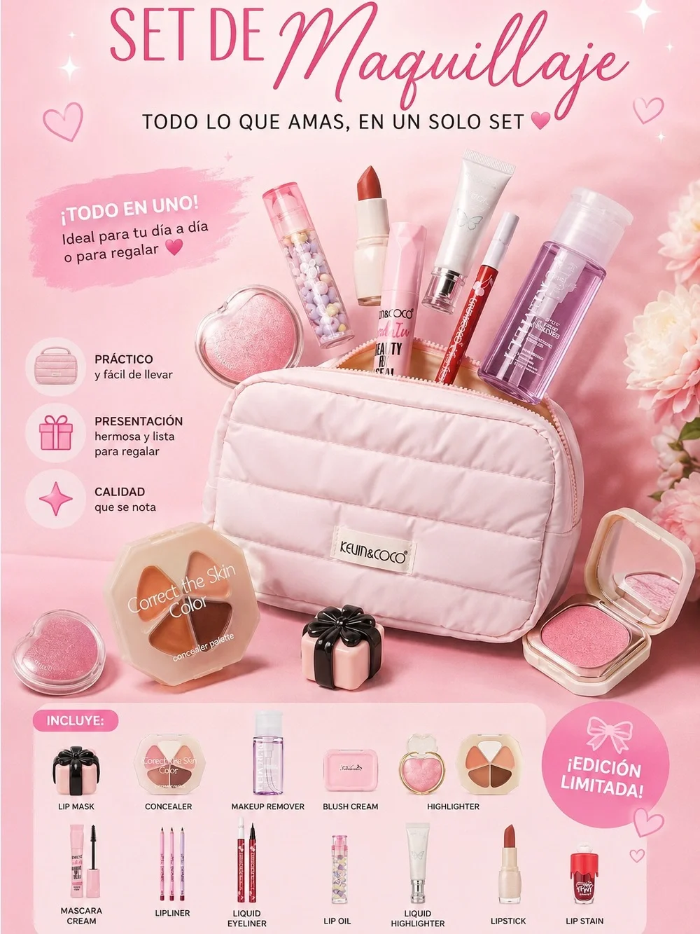 Pink Women’s Makeup Set — Travel Cosmetic Bag with Lipstick, Blush & Highlighter